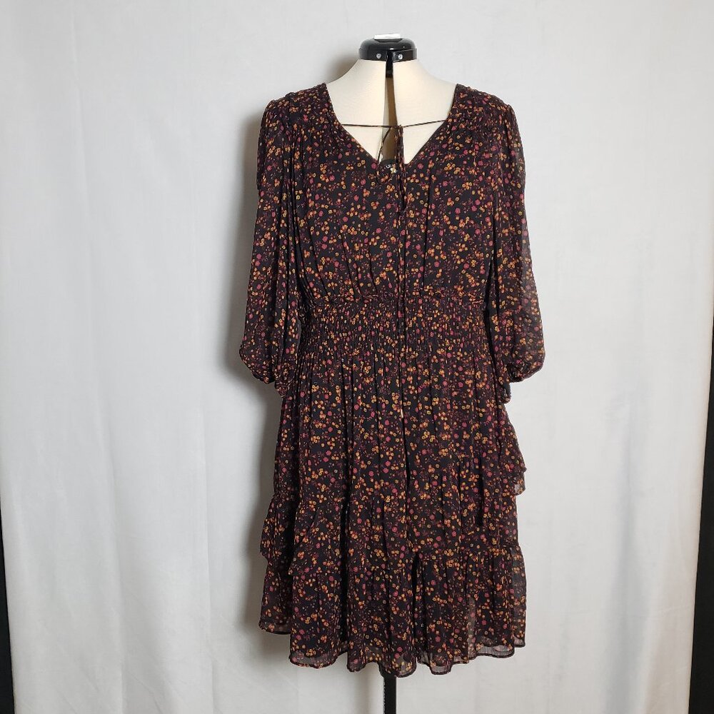 Taylor Ditsy Print Smocked Full Skirt Multicolor Black Tiered Peasant Dress 18W